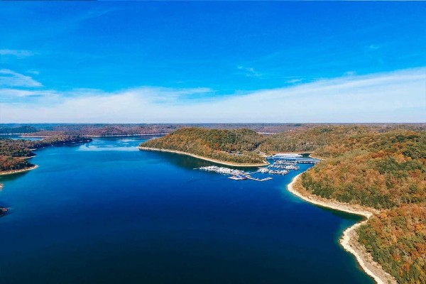 Aerial view of Center Hill Lake and a marina
